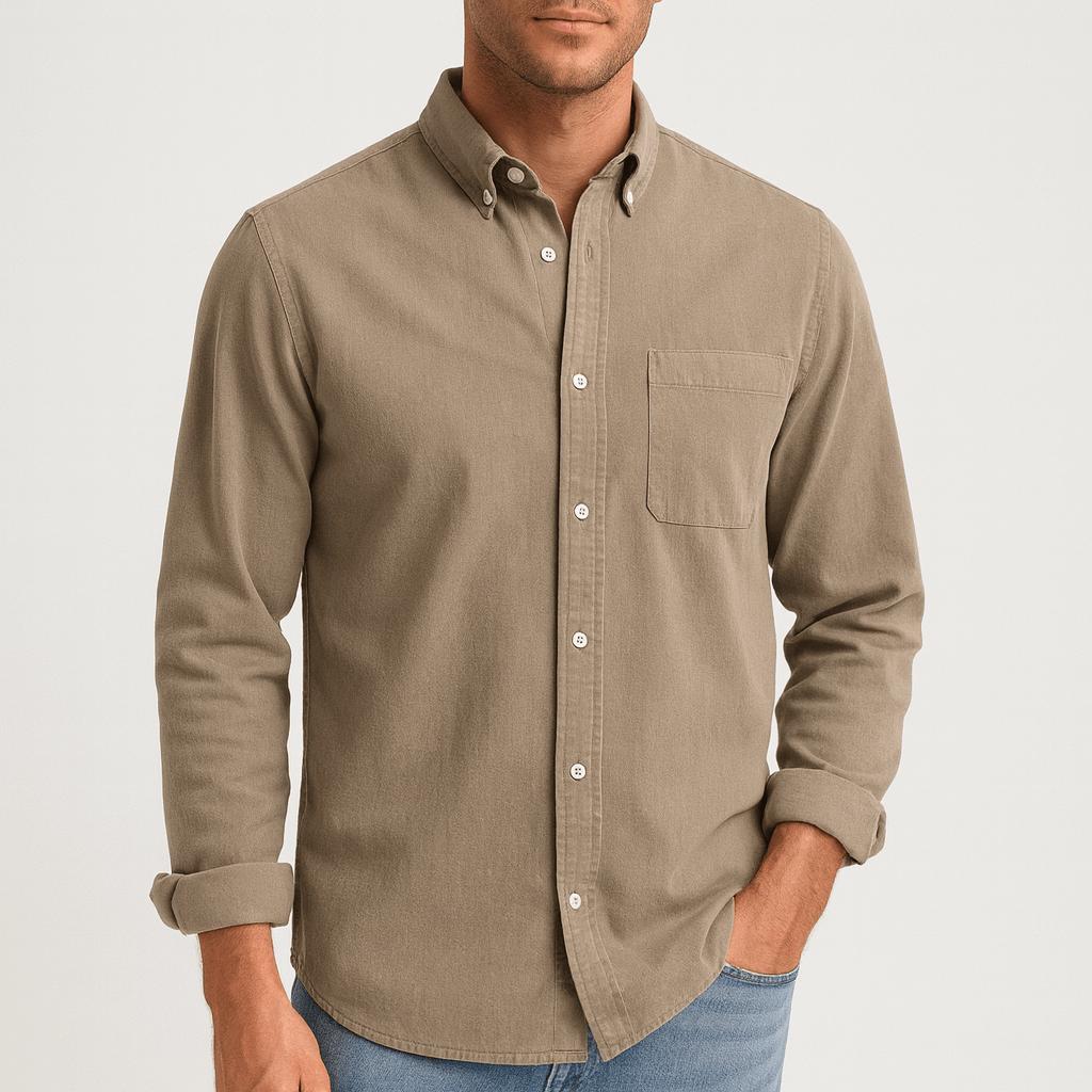 Camicia di cotone da uomo a maniche lunghe con colletto button-down, elegante e casual - Kaki