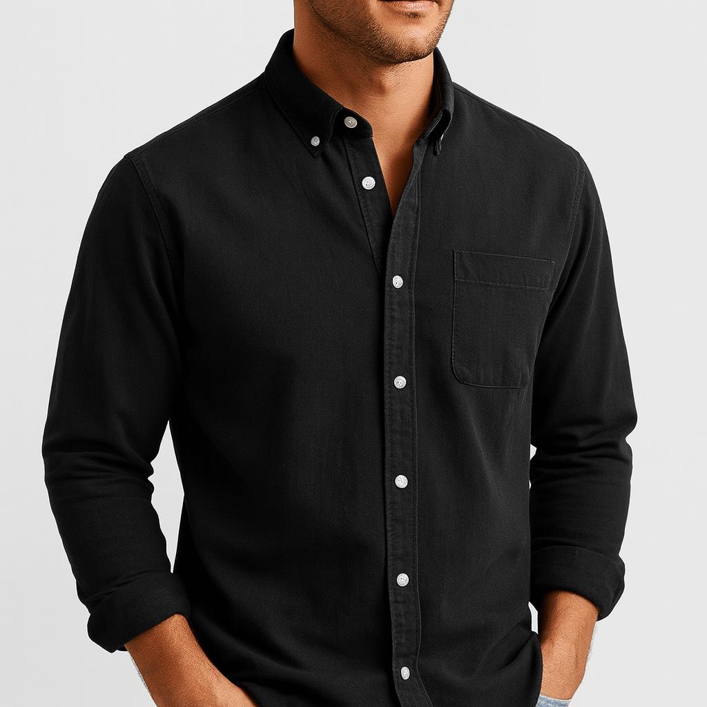 Camicia di cotone da uomo a maniche lunghe con colletto button-down, elegante e casual - Nero