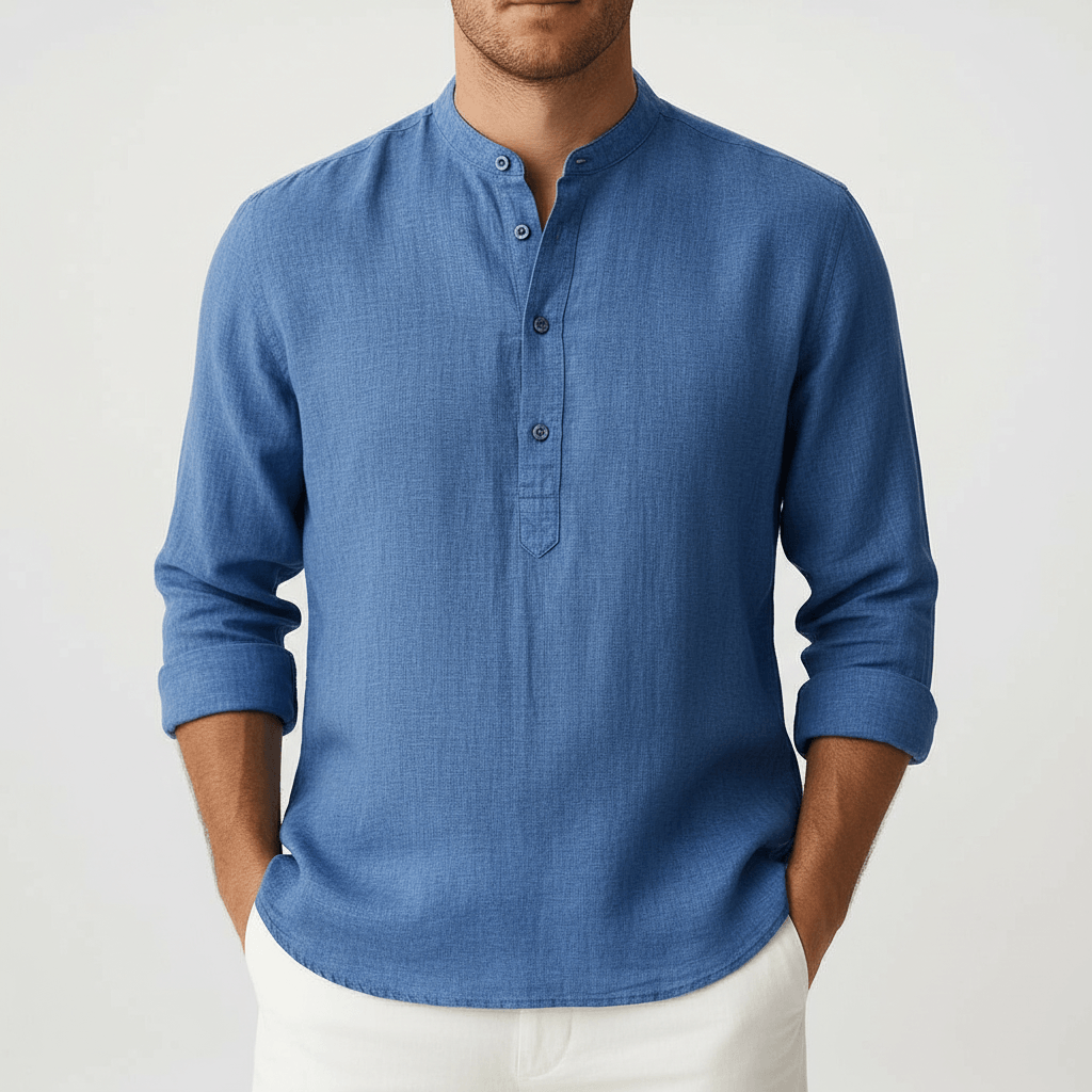 Camicia di lino da uomo a manica lunga con collo alla coreana, estiva ed elegante - Azzurro