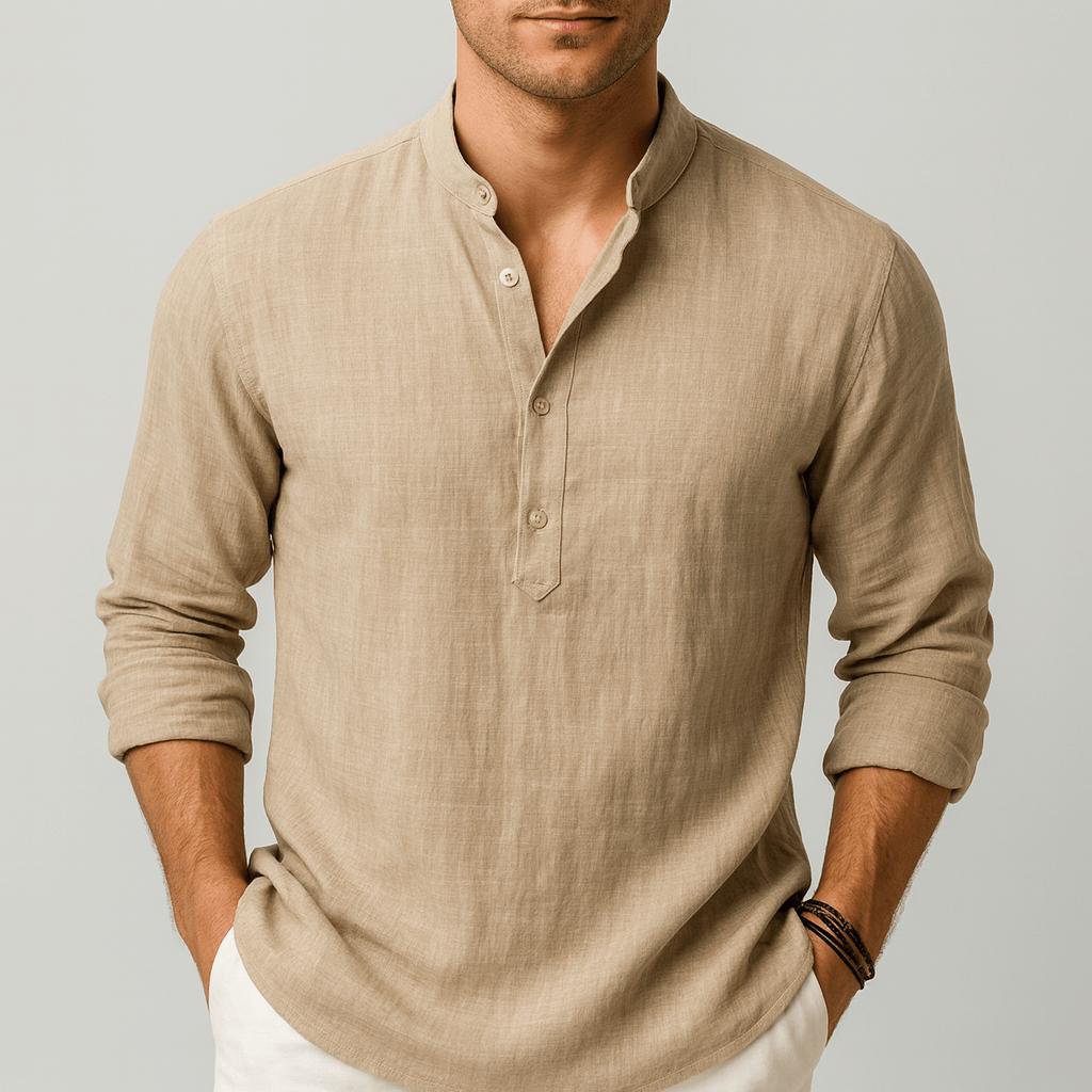 Camicia di lino da uomo a manica lunga con collo alla coreana, estiva ed elegante - Beige