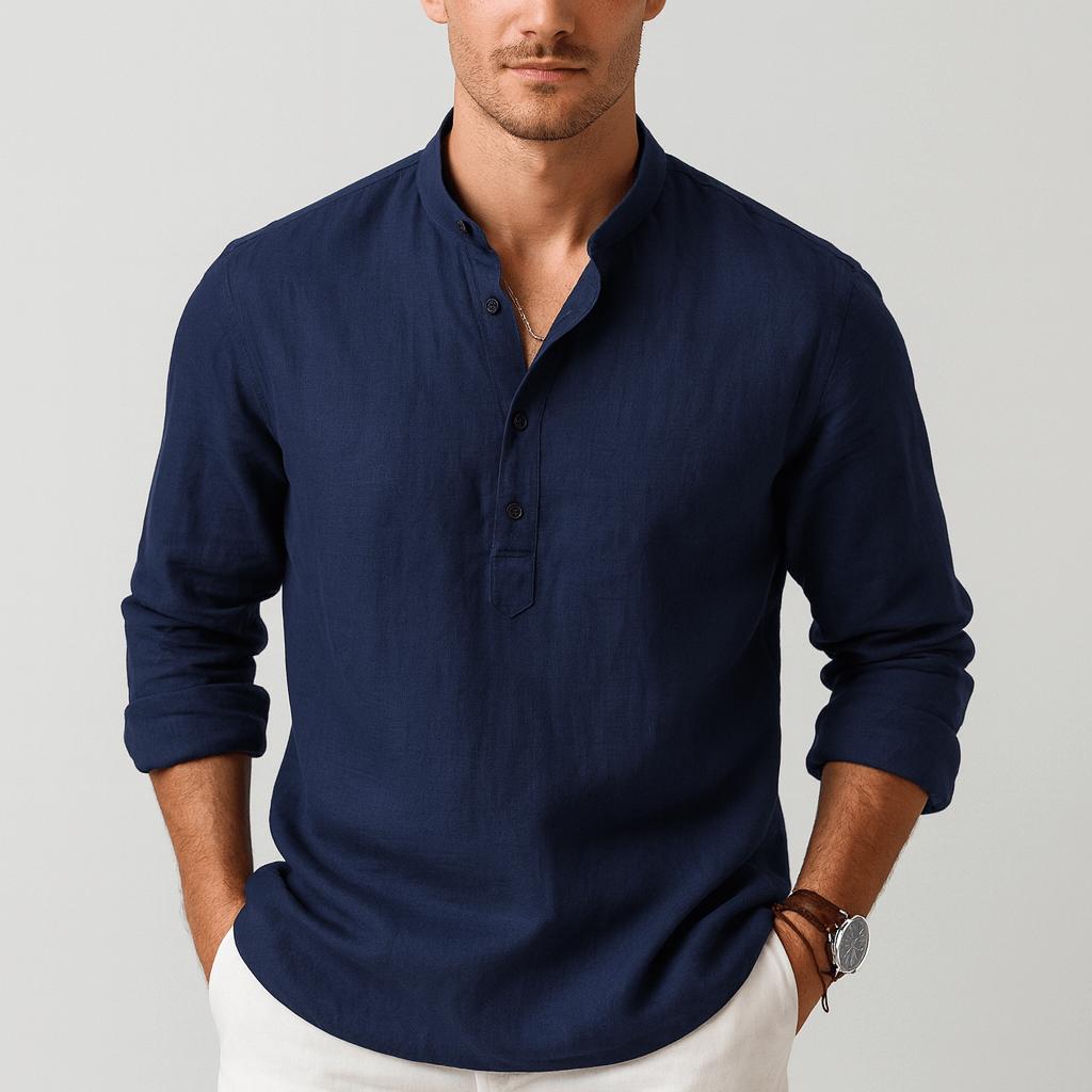 Camicia di lino da uomo a manica lunga con collo alla coreana, estiva ed elegante - Blu scuro