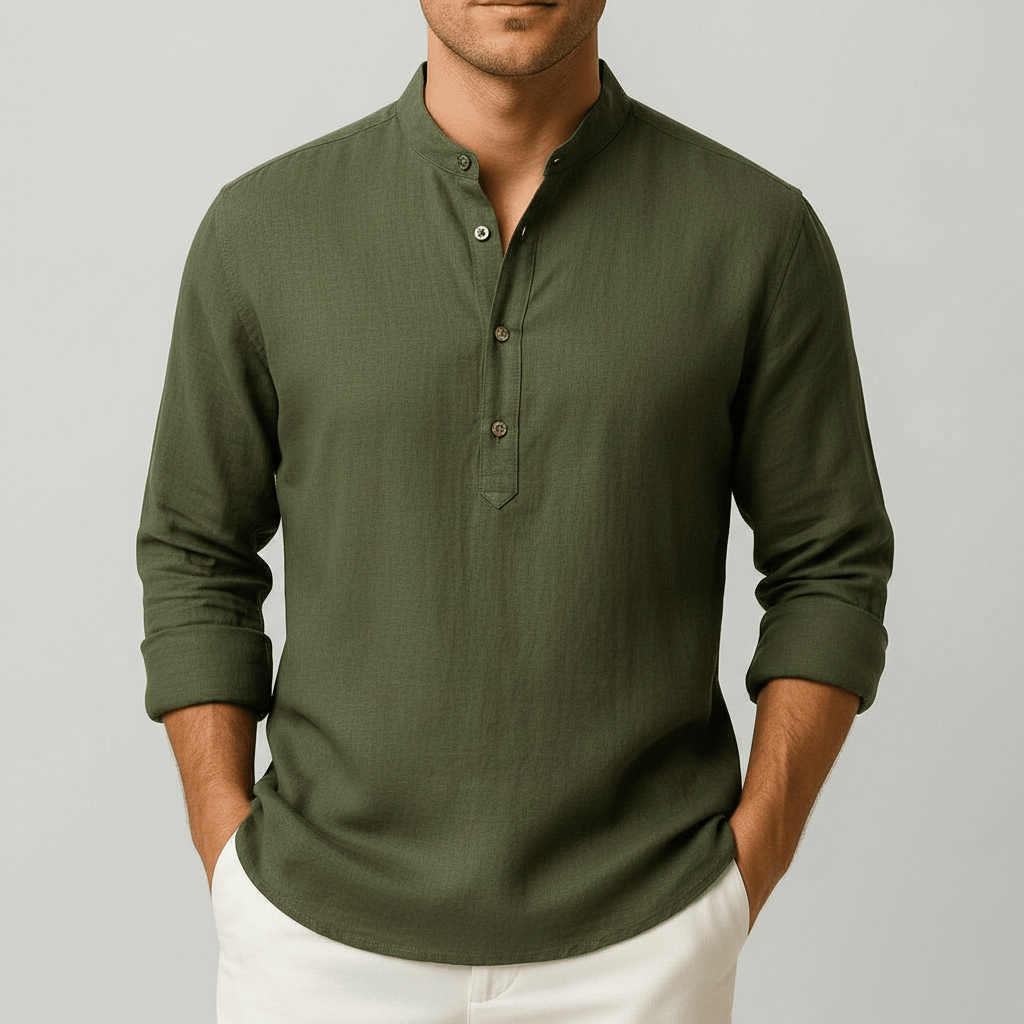 Camicia di lino da uomo a manica lunga con collo alla coreana, estiva ed elegante - Verde militare