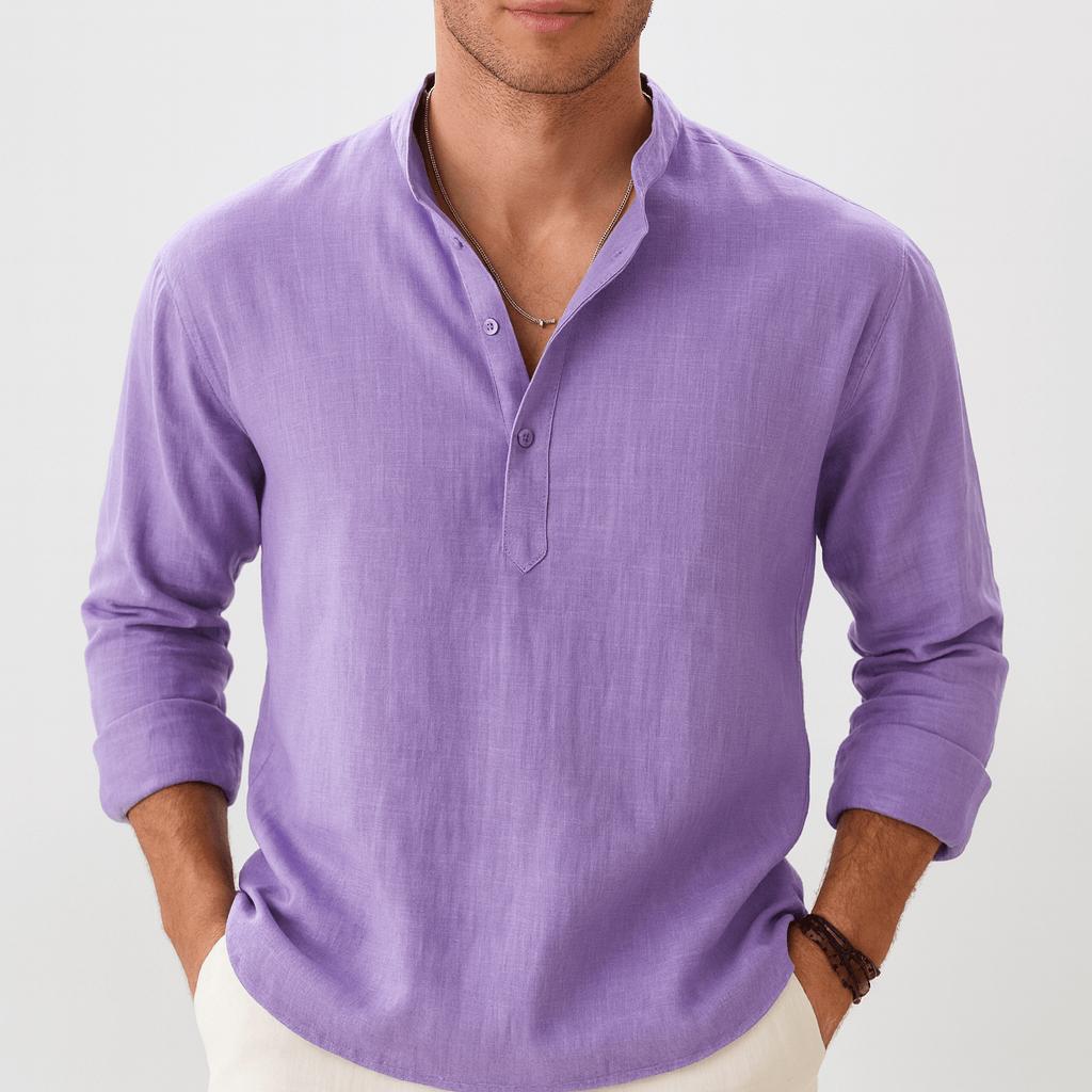 Camicia di lino da uomo a manica lunga con collo alla coreana, estiva ed elegante - Viola