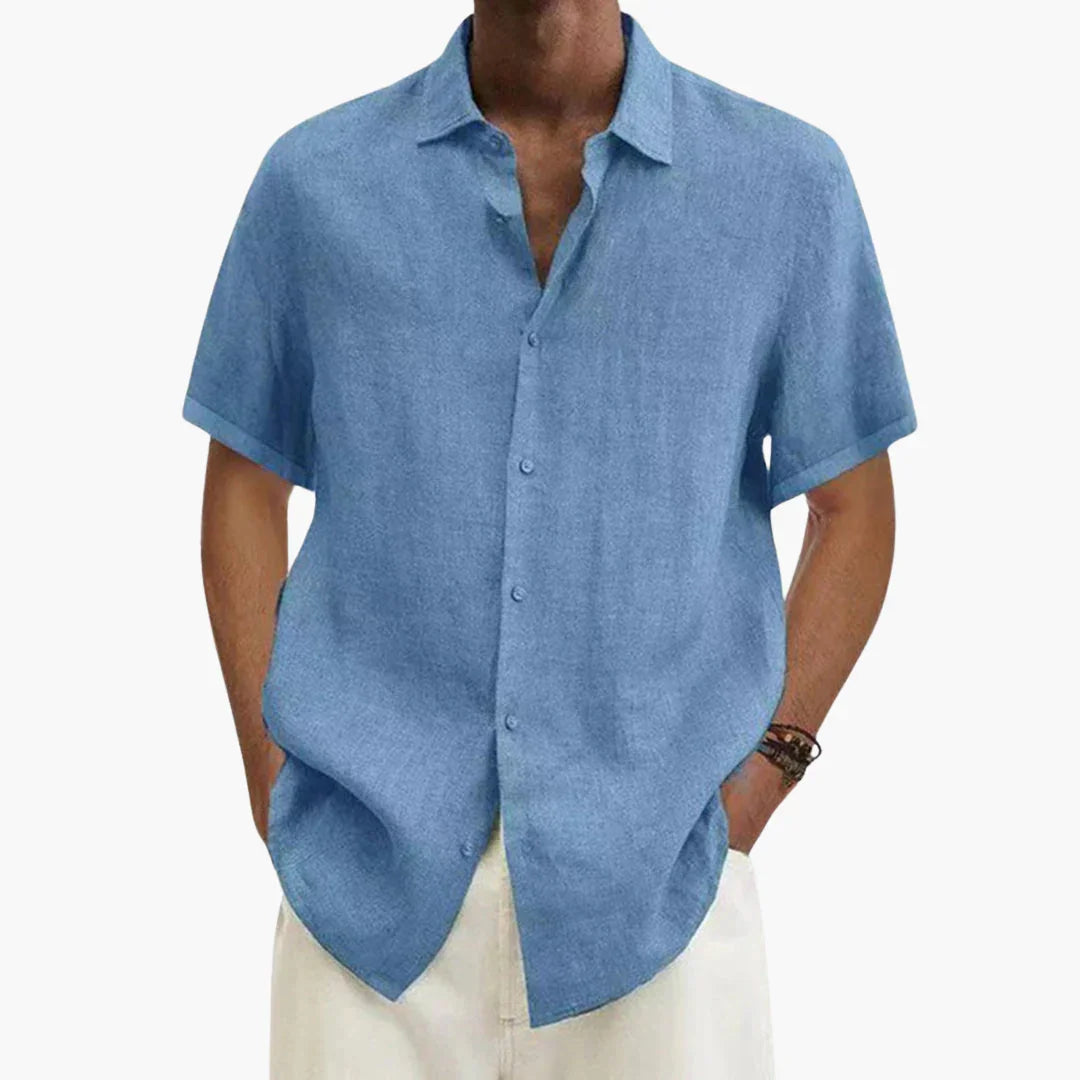 Camicia di lino da uomo a maniche corte, estiva e casual da spiaggia - Azzurro