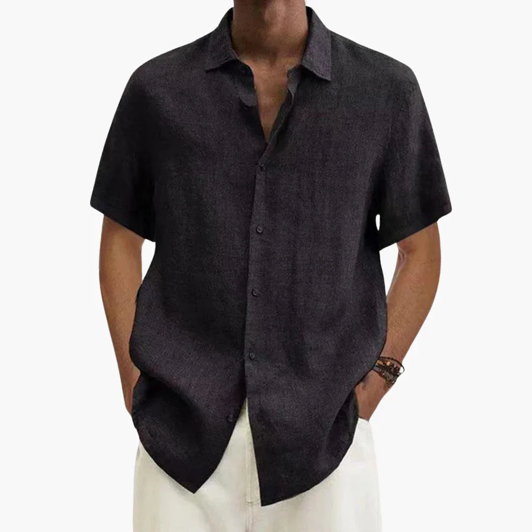 Camicia di lino da uomo a maniche corte, estiva e casual da spiaggia - Nero