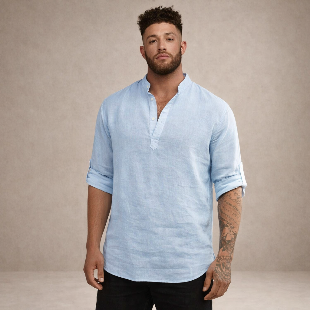 Camicia di lino da uomo con collo alla coreana e maniche arrotolate, casual estiva da spiaggia - view 10