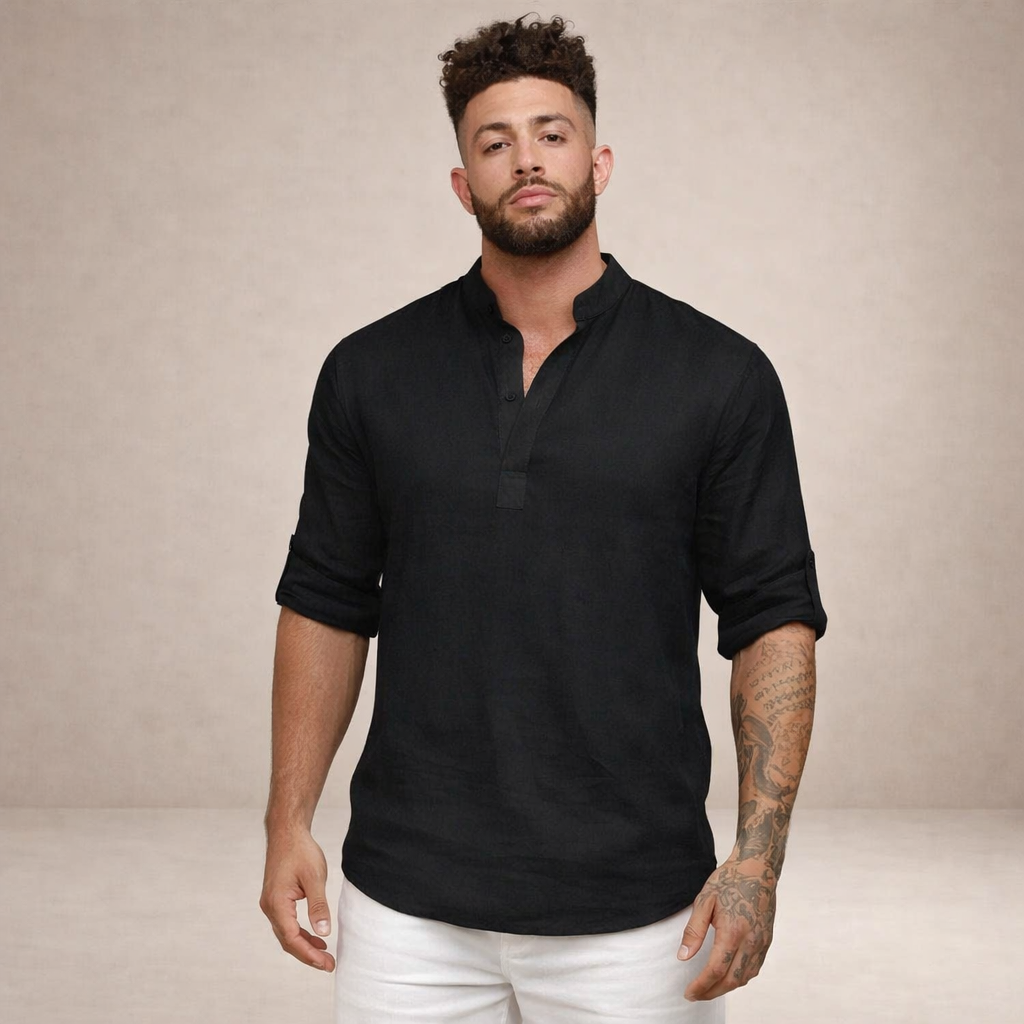 Camicia di lino da uomo con collo alla coreana e maniche arrotolate, casual estiva da spiaggia - view 11