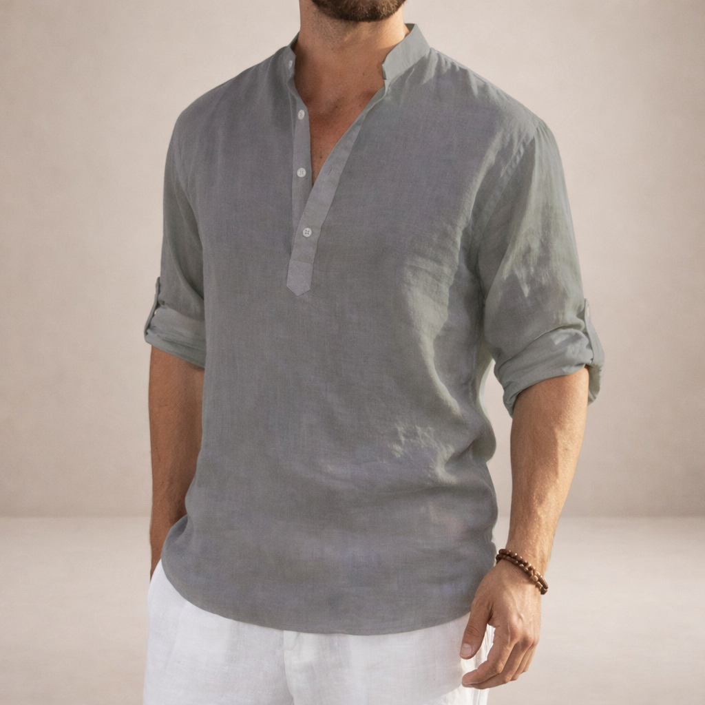 Camicia di lino da uomo con collo alla coreana e maniche arrotolate, casual estiva da spiaggia - view 12