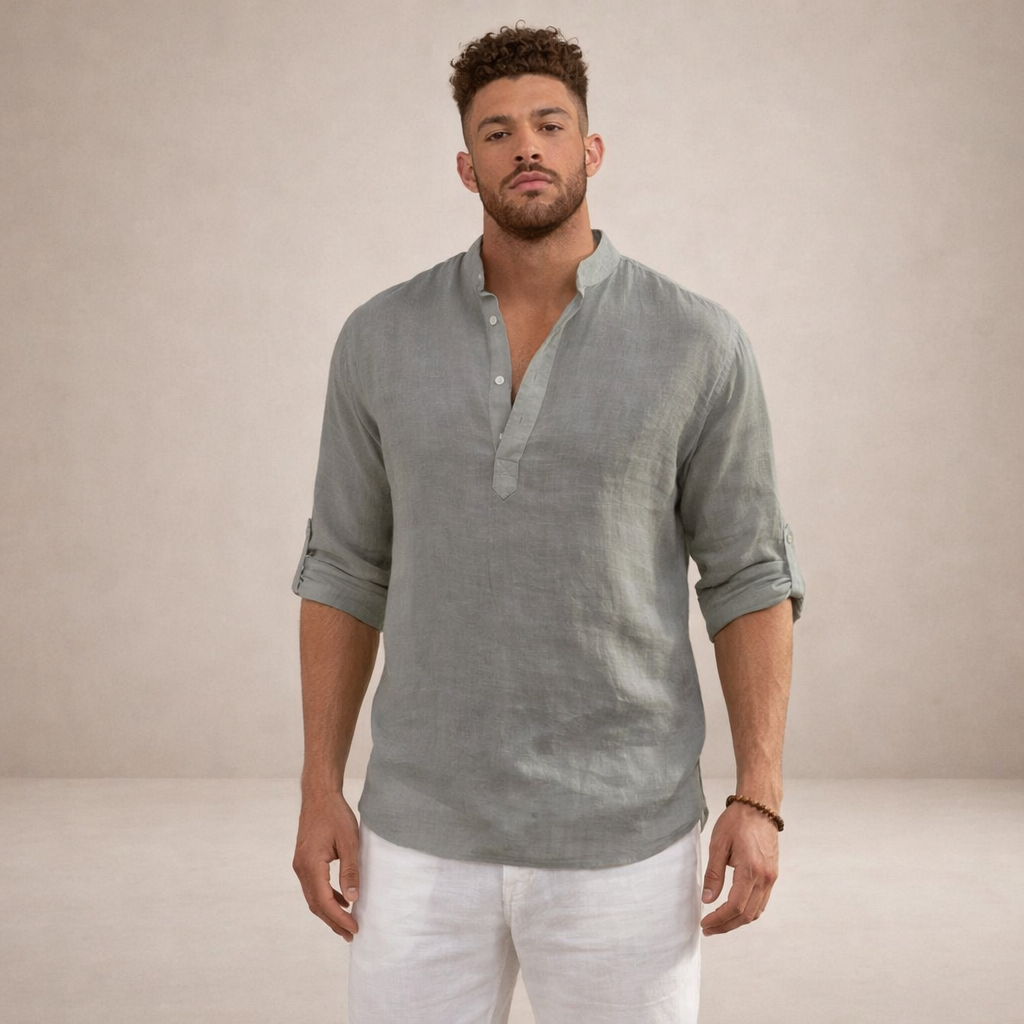 Camicia di lino da uomo con collo alla coreana e maniche arrotolate, casual estiva da spiaggia - view 13