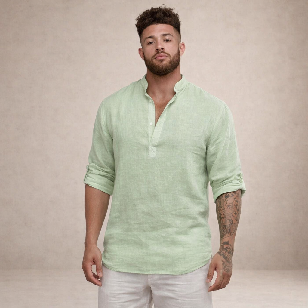 Camicia di lino da uomo con collo alla coreana e maniche arrotolate, casual estiva da spiaggia - view 14