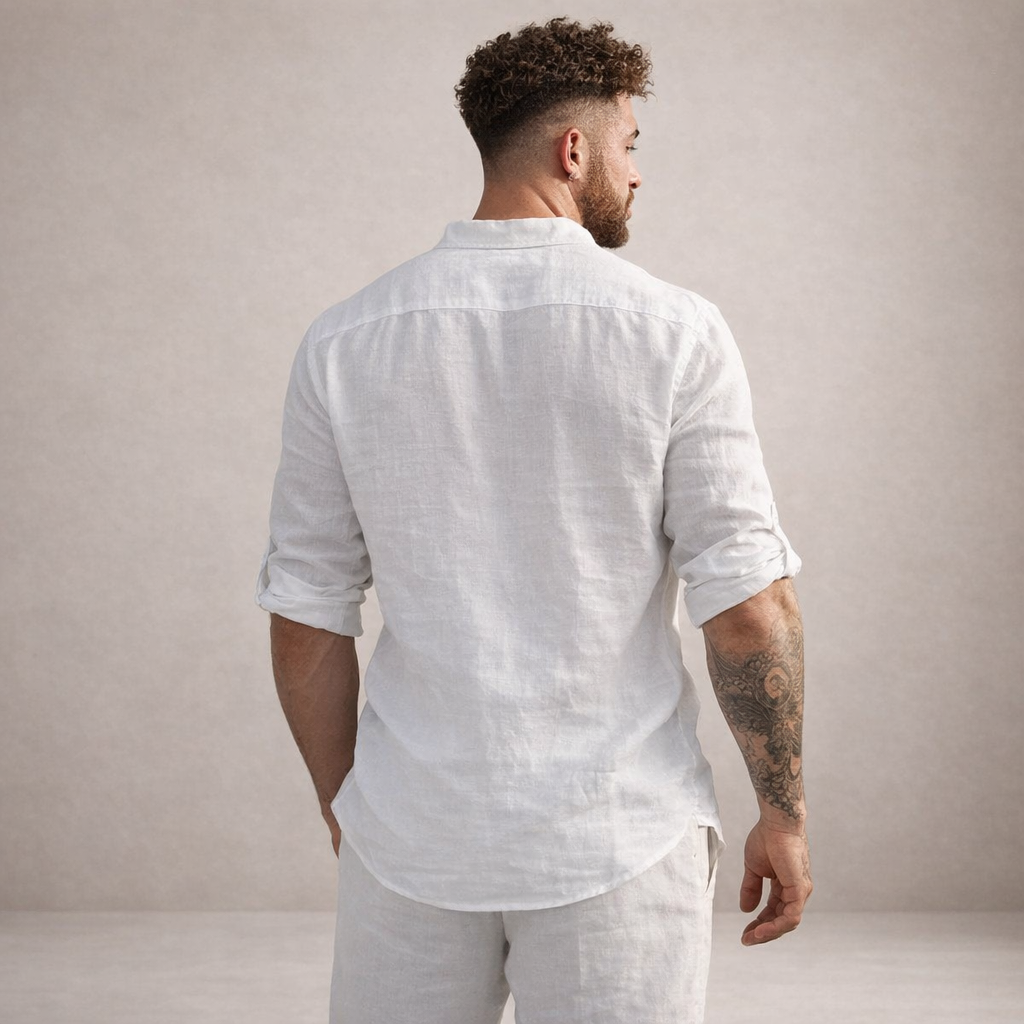 Camicia di lino da uomo con collo alla coreana e maniche arrotolate, casual estiva da spiaggia - view 8