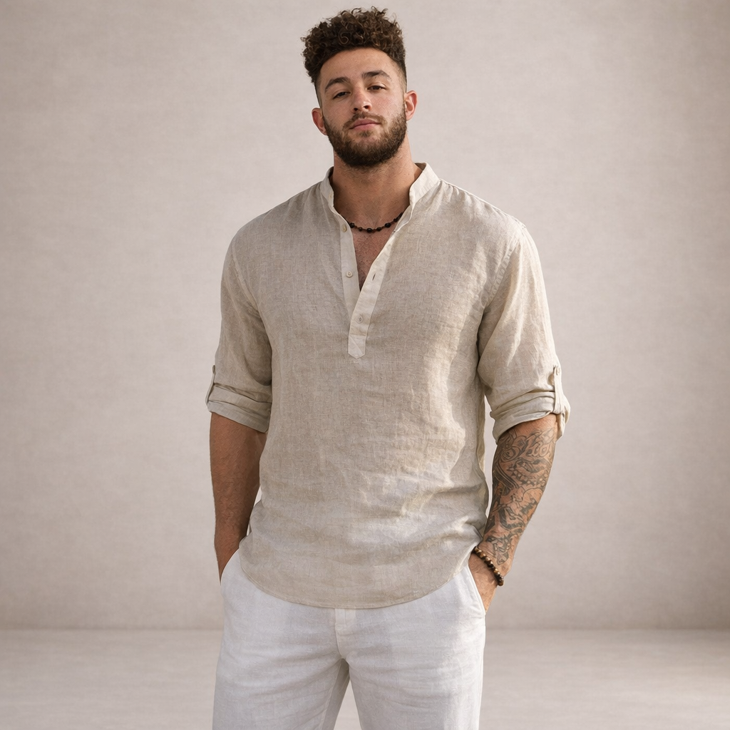 Camicia di lino da uomo con collo alla coreana e maniche arrotolate, casual estiva da spiaggia - view 9