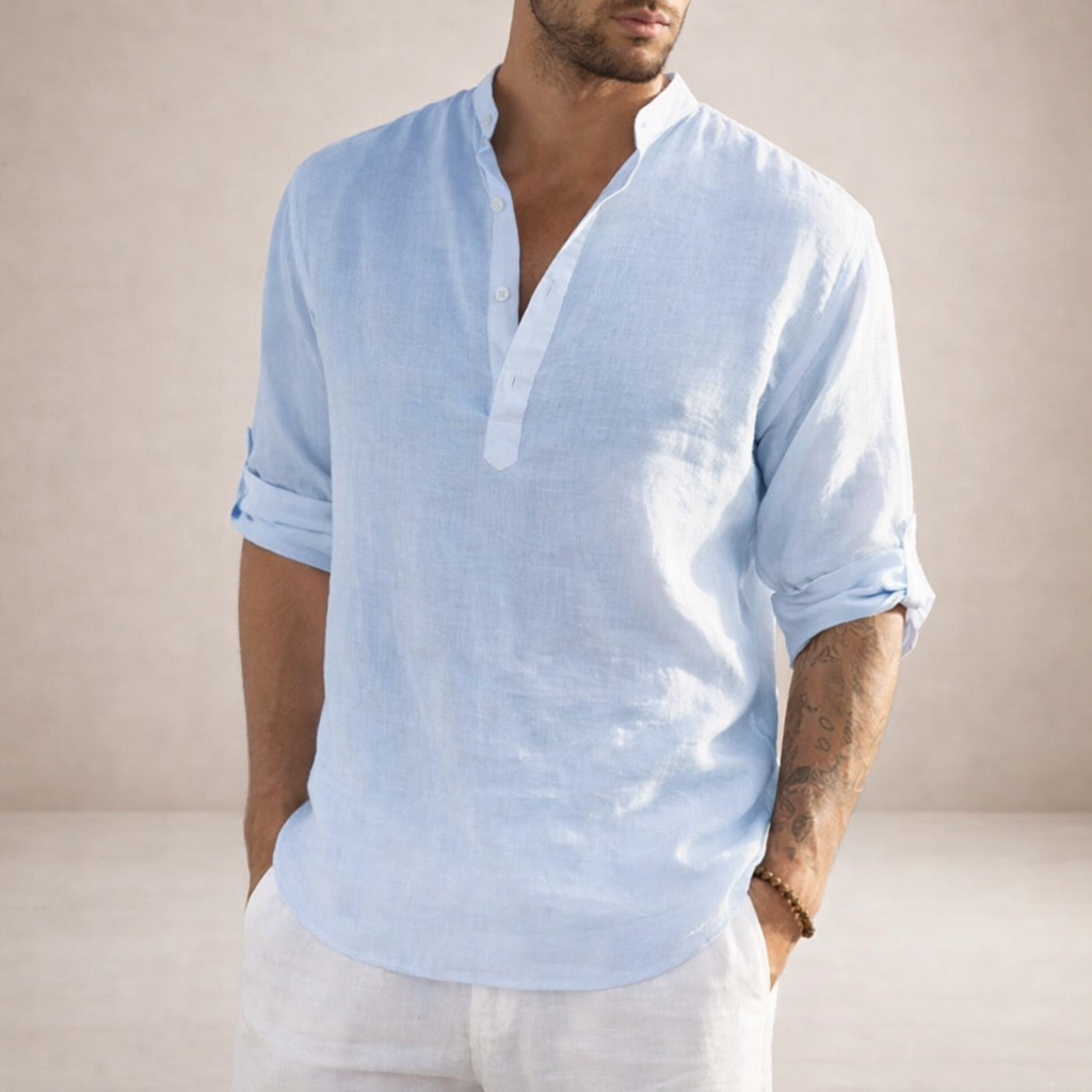 Camicia di lino da uomo con collo alla coreana e maniche arrotolate, casual estiva da spiaggia - Azzurro