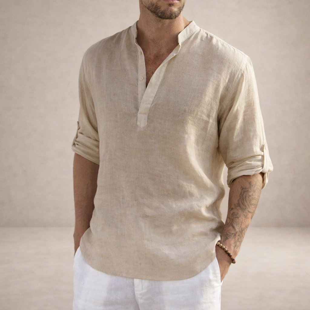Camicia di lino da uomo con collo alla coreana e maniche arrotolate, casual estiva da spiaggia - Beige