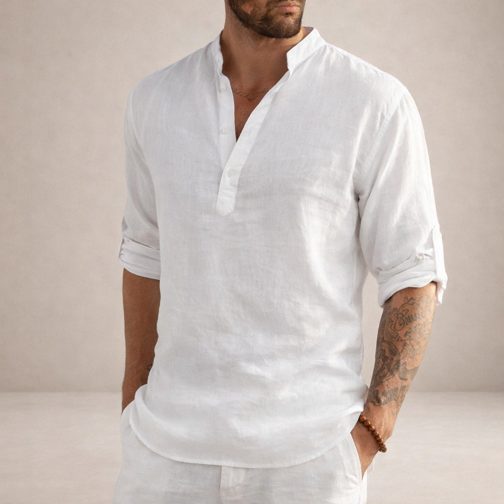 Camicia di lino da uomo con collo alla coreana e maniche arrotolate, casual estiva da spiaggia - Bianco