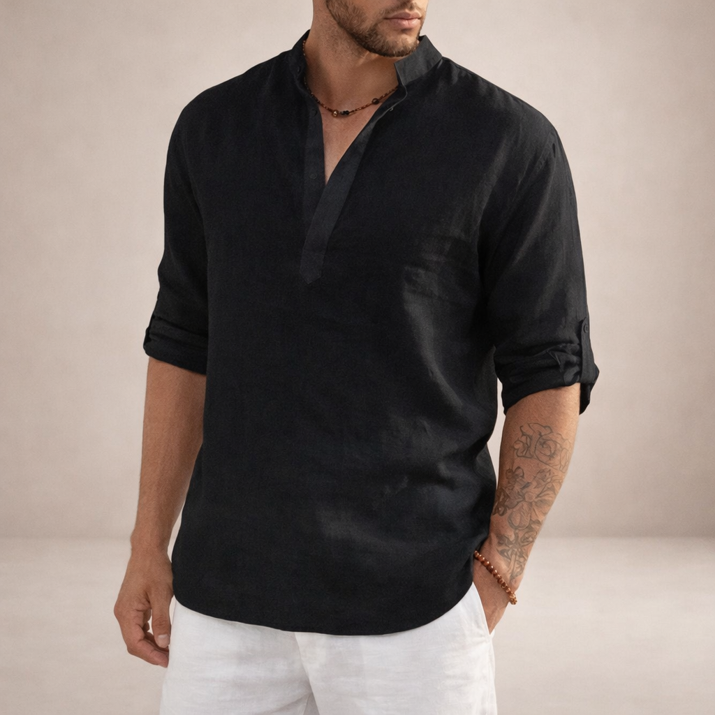 Camicia di lino da uomo con collo alla coreana e maniche arrotolate, casual estiva da spiaggia - Nero