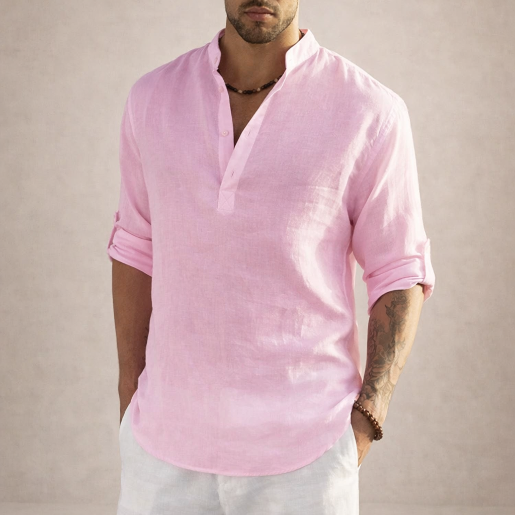 Camicia di lino da uomo con collo alla coreana e maniche arrotolate, casual estiva da spiaggia - Rosa