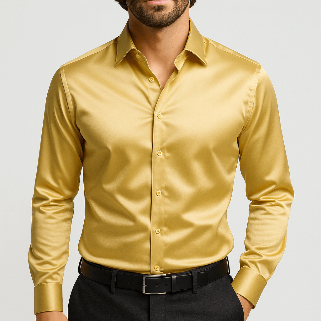 Camicia elegante da uomo in raso a maniche lunghe con vestibilità slim, per cerimonia e matrimonio - Dorato