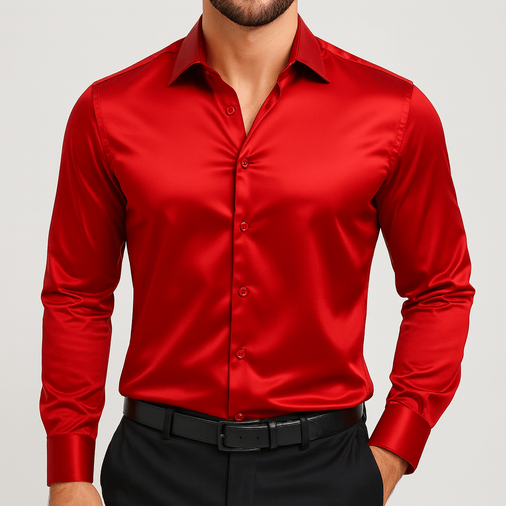 Camicia elegante da uomo in raso a maniche lunghe con vestibilità slim, per cerimonia e matrimonio - Rosso