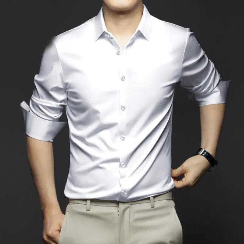Camicia elegante in seta da uomo a manica lunga, per cerimonia e look formali - Bianco