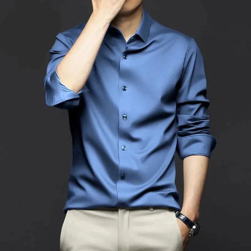 Camicia elegante in seta da uomo a manica lunga, per cerimonia e look formali - Blu