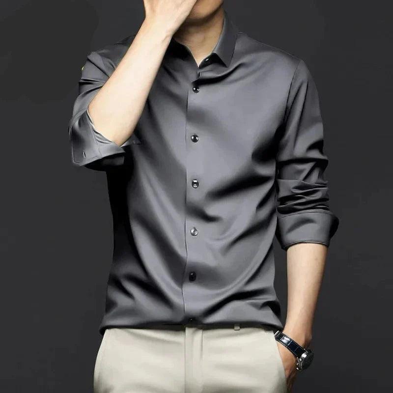 Camicia elegante in seta da uomo a manica lunga, per cerimonia e look formali - Grigio