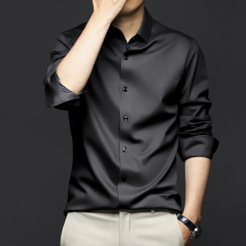 Camicia elegante in seta da uomo a manica lunga, per cerimonia e look formali - Nero