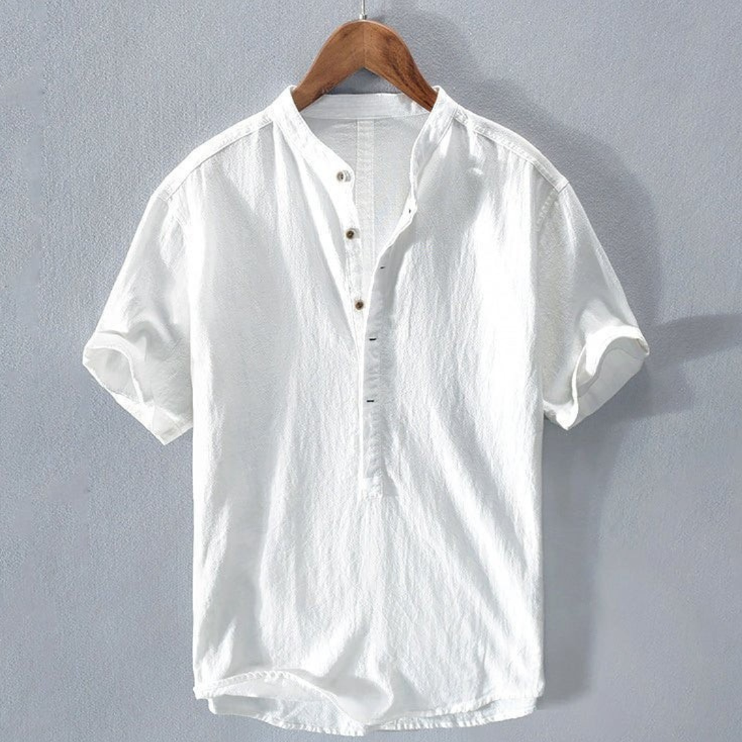 Camicia in misto lino da uomo a maniche corte con collo alla coreana, casual ed estiva - Bianco