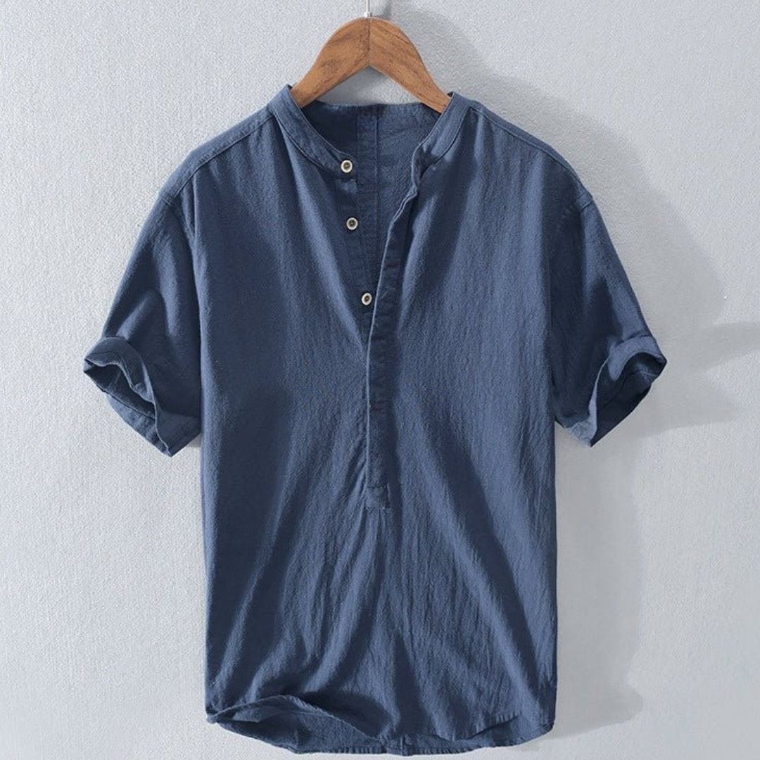 Camicia in misto lino da uomo a maniche corte con collo alla coreana, casual ed estiva - Blu Scuro