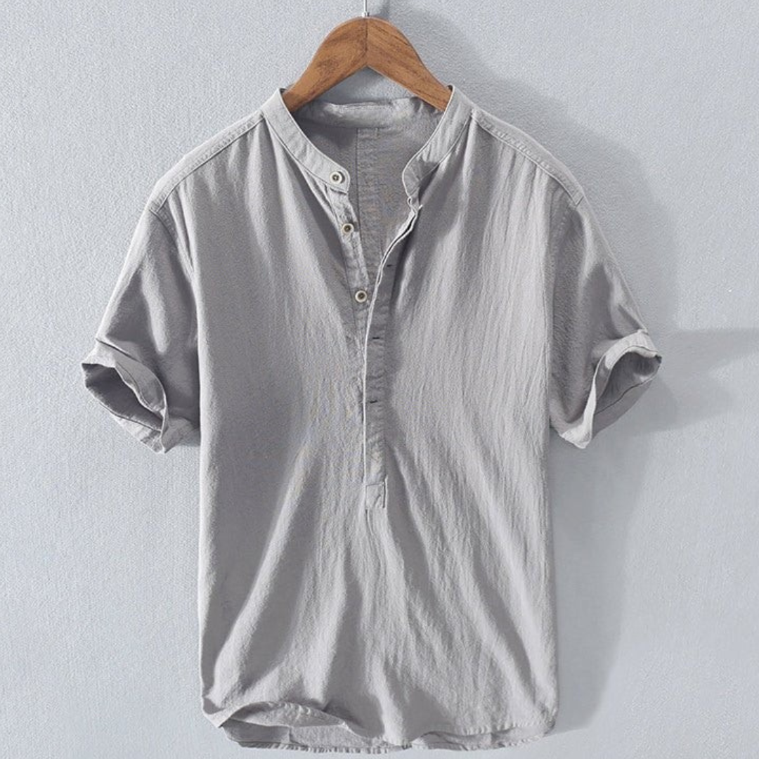 Camicia in misto lino da uomo a maniche corte con collo alla coreana, casual ed estiva - Grigio