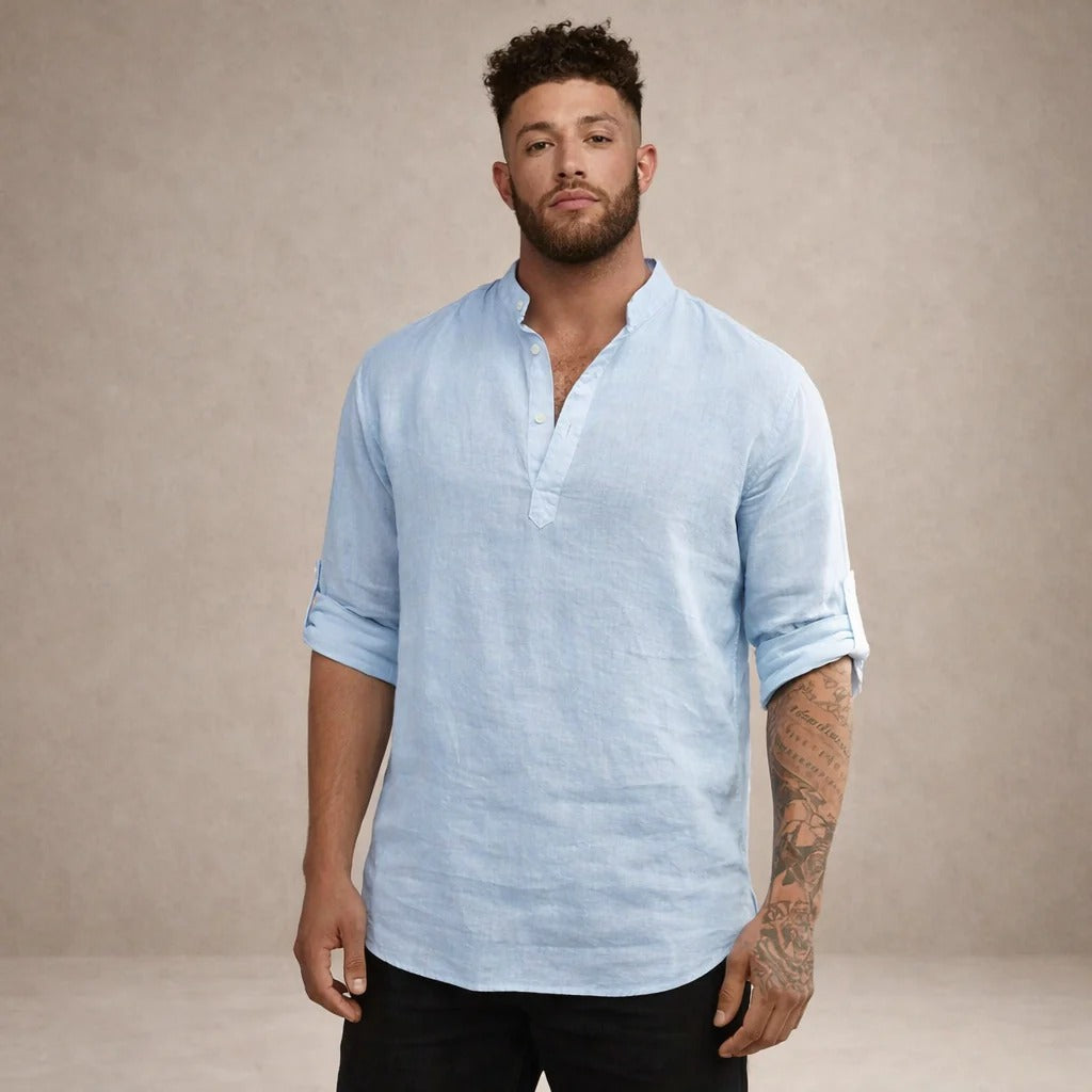 Camicia in misto lino da uomo con collo alla coreana, a manica lunga, estiva e casual da spiaggia - view 10
