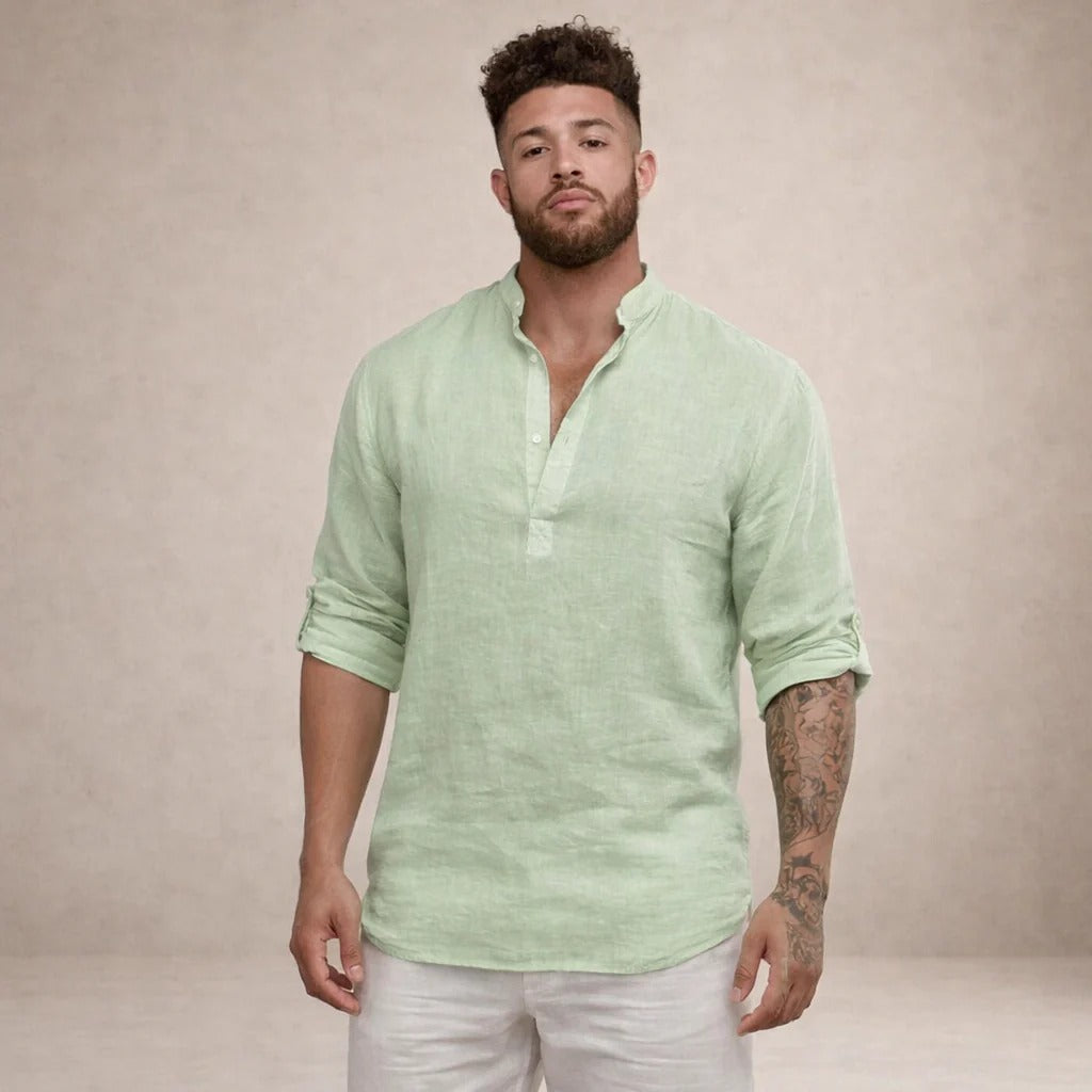 Camicia in misto lino da uomo con collo alla coreana, a manica lunga, estiva e casual da spiaggia - view 11