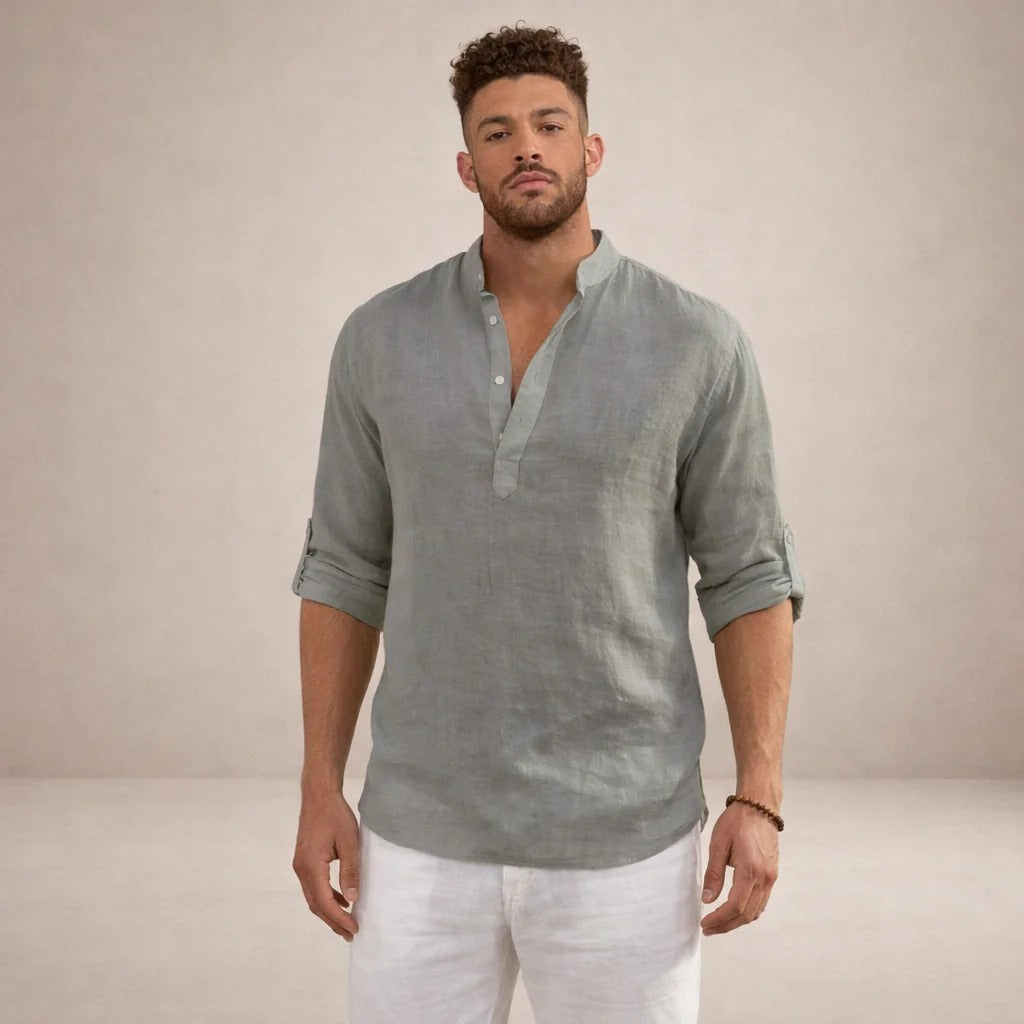 Camicia in misto lino da uomo con collo alla coreana, a manica lunga, estiva e casual da spiaggia - view 14