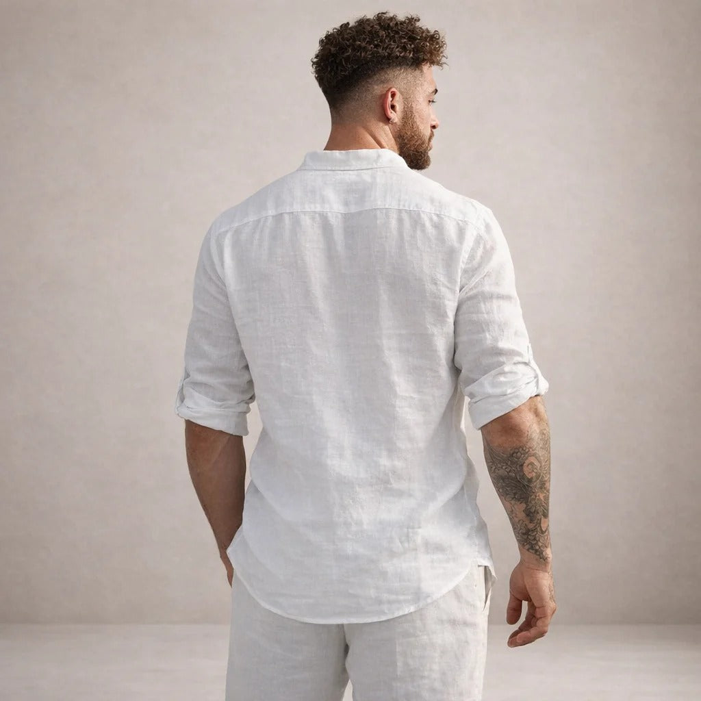 Camicia in misto lino da uomo con collo alla coreana, a manica lunga, estiva e casual da spiaggia - view 15
