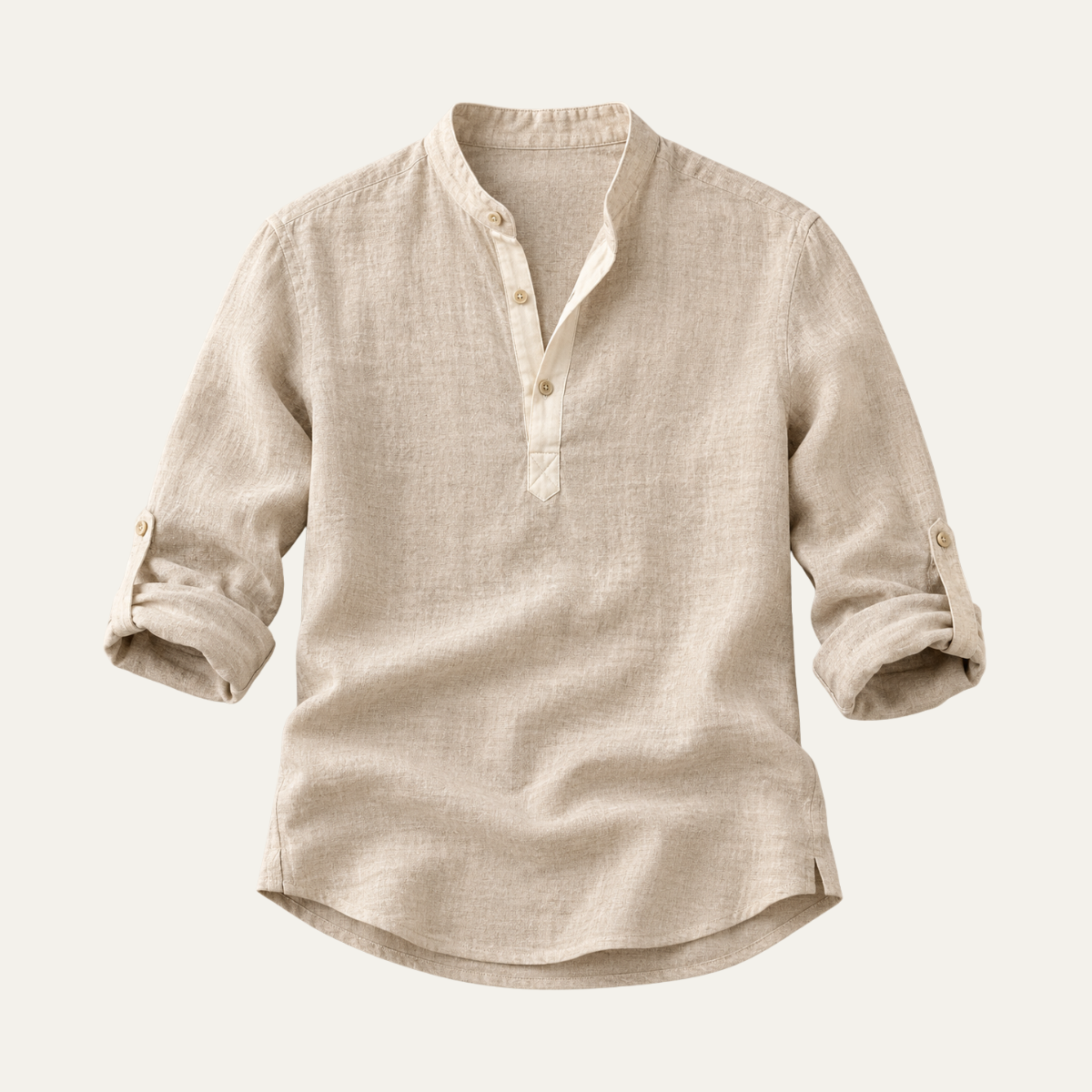 Camicia in misto lino da uomo con collo alla coreana, a manica lunga, estiva e casual da spiaggia - view 7