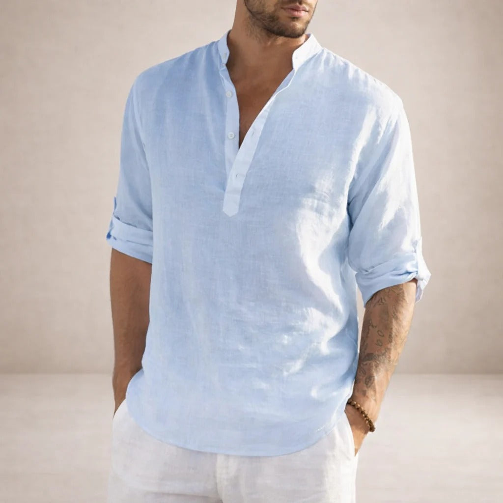 Camicia in misto lino da uomo con collo alla coreana, a manica lunga, estiva e casual da spiaggia - Azzurro