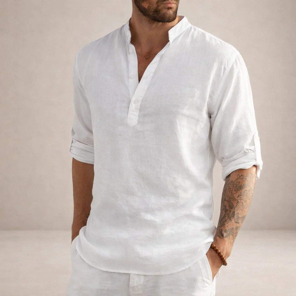 Camicia in misto lino da uomo con collo alla coreana, a manica lunga, estiva e casual da spiaggia - Bianco