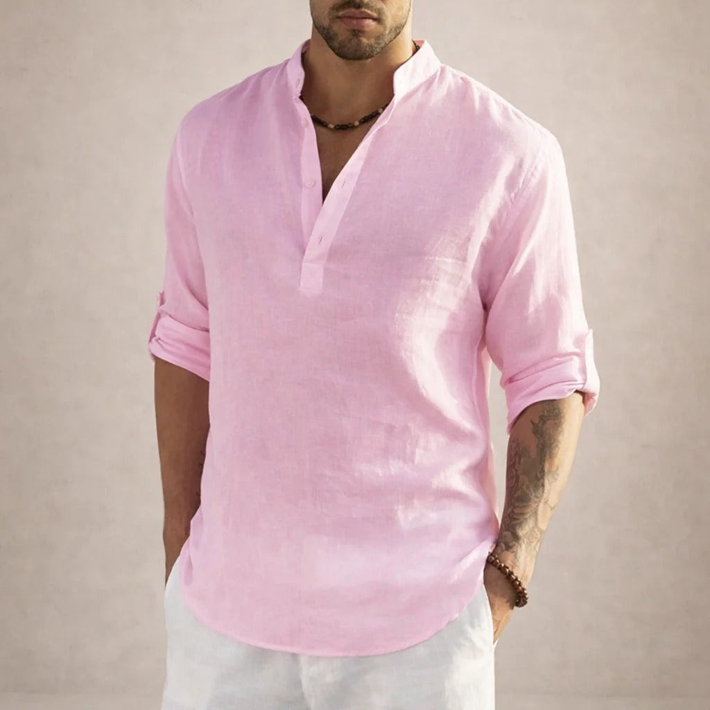 Camicia in misto lino da uomo con collo alla coreana, a manica lunga, estiva e casual da spiaggia - Rosa