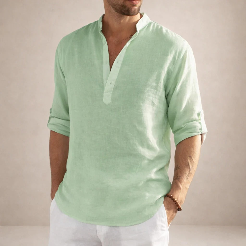 Camicia in misto lino da uomo con collo alla coreana, a manica lunga, estiva e casual da spiaggia - Verde