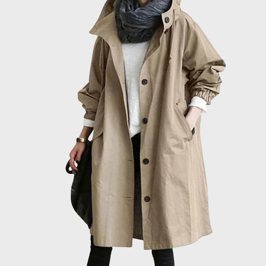 Cappotto da donna con cappuccio oversize, leggero e comodo, per mezza stagione, autunno e primavera - Cachi
