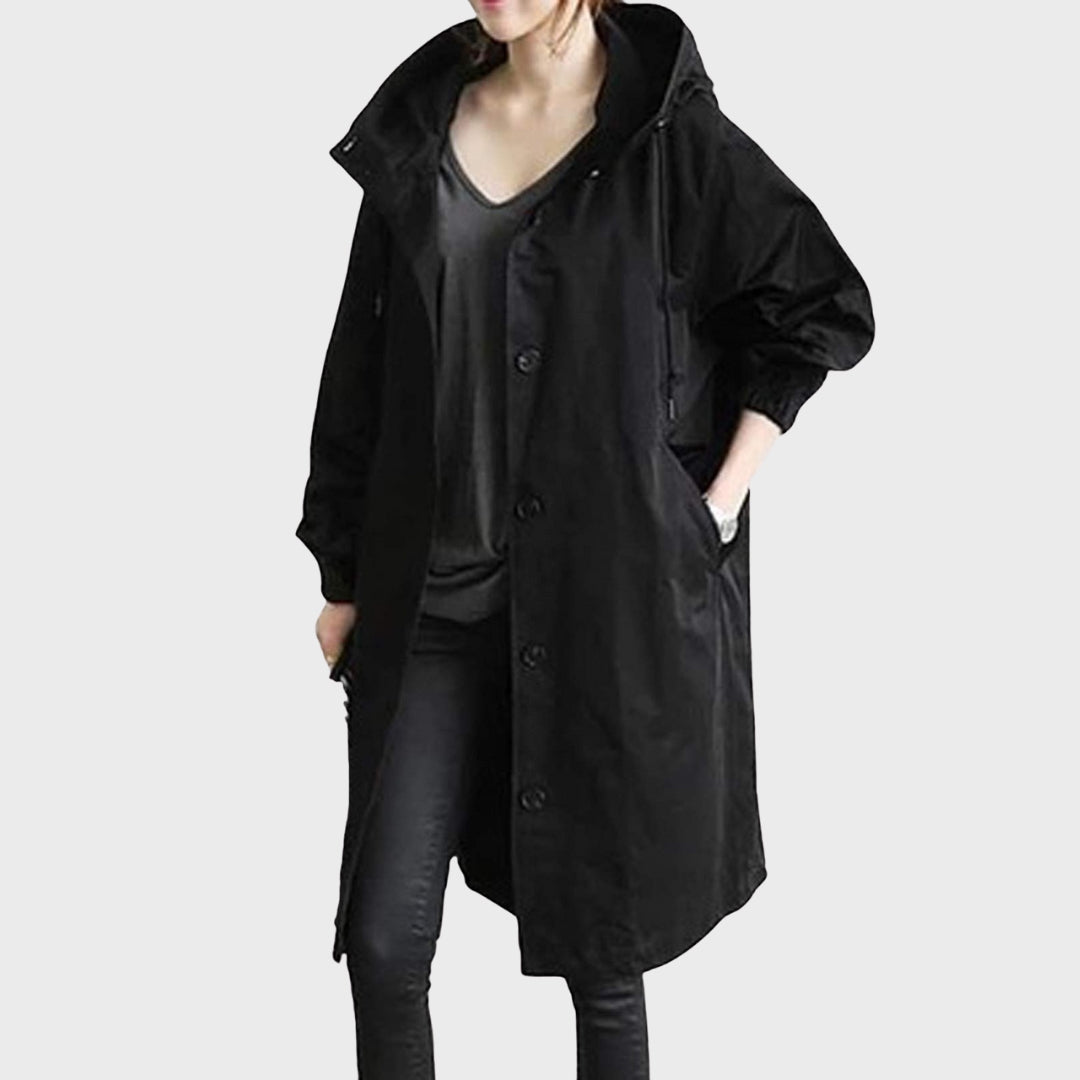 Cappotto da donna con cappuccio oversize, leggero e comodo, per mezza stagione, autunno e primavera - Nero