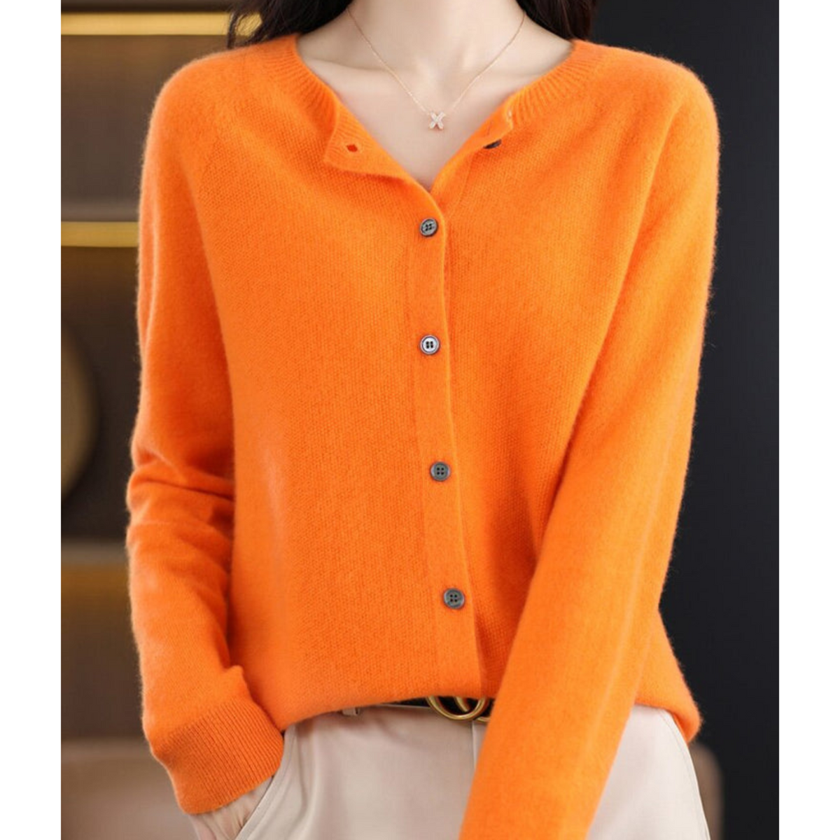 Cardigan in cashmere da donna a girocollo con bottoni, manica lunga, morbido ed elegante - Arancione
