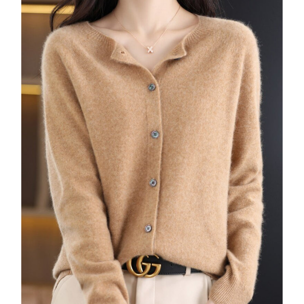 Cardigan in cashmere da donna a girocollo con bottoni, manica lunga, morbido ed elegante - Marrone chiaro