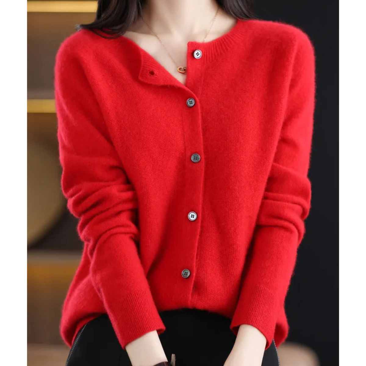 Cardigan in cashmere da donna a girocollo con bottoni, manica lunga, morbido ed elegante - Rosso