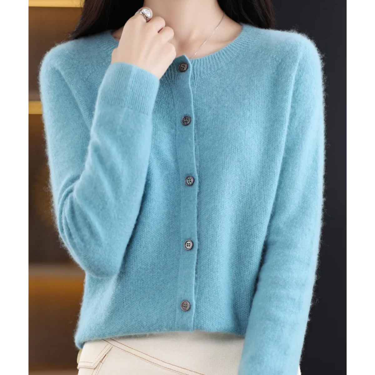 Cardigan in cashmere da donna a girocollo con bottoni, manica lunga, morbido ed elegante - Turchese chiaro