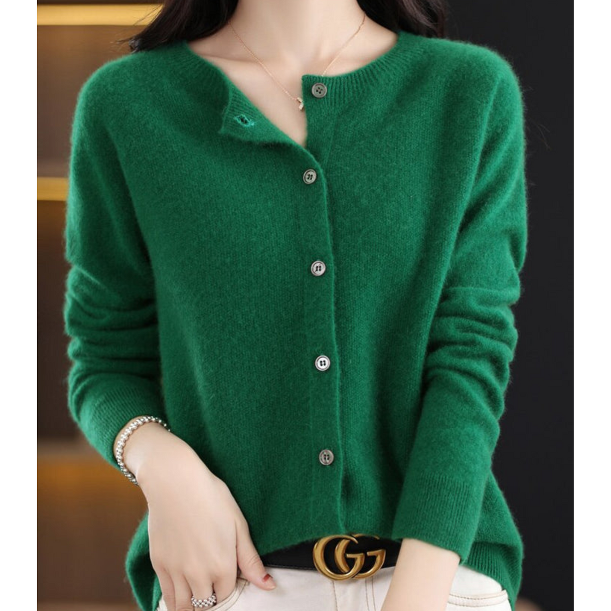 Cardigan in cashmere da donna a girocollo con bottoni, manica lunga, morbido ed elegante - Verde scuro