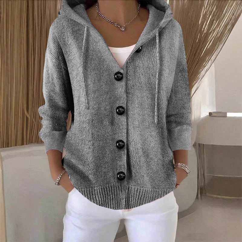 Cardigan lungo in maglia da donna con cappuccio e bottoni, a manica lunga - Grigio