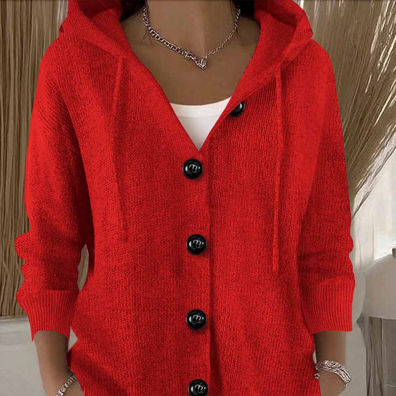 Cardigan lungo in maglia da donna con cappuccio e bottoni, a manica lunga - Rosso