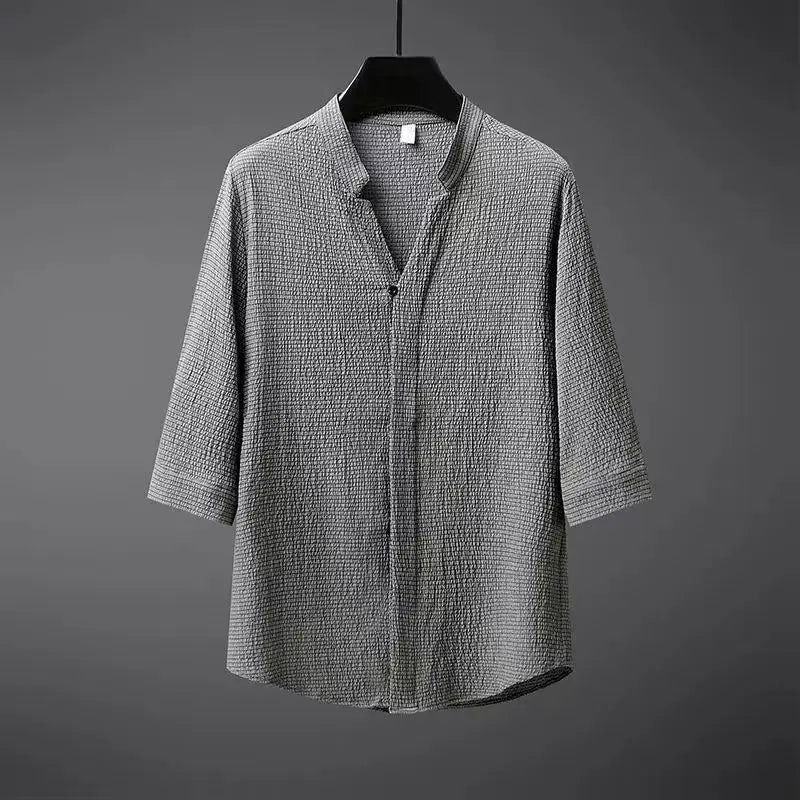 Completo di lino da uomo, camicia scollo a V a manica 3/4 e pantaloni, estivo casual - view 6