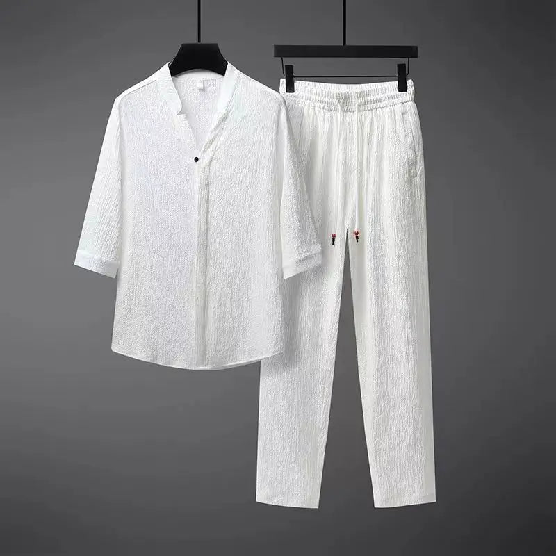 Completo di lino da uomo, camicia scollo a V a manica 3/4 e pantaloni, estivo casual - Bianco